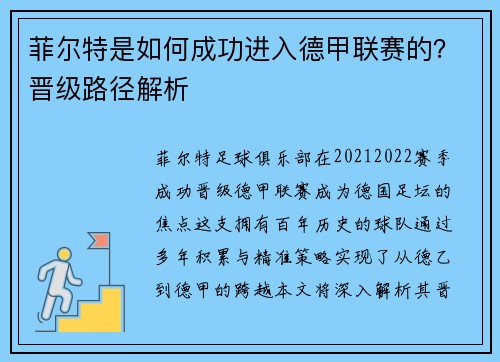 菲尔特是如何成功进入德甲联赛的？晋级路径解析