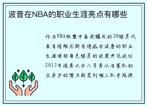 波普在NBA的职业生涯亮点有哪些
